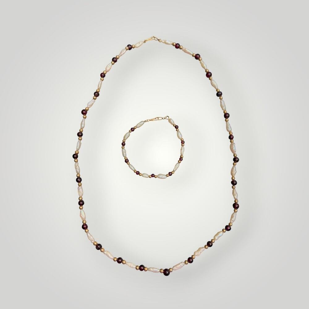 1/20 14KGF Garnet Bracelet 7.5" Pearls Beads Multi Stone and necklace 24 inch